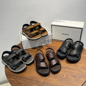 【预售5天内发出】意大利凯撒KAISER夏季新款男士真皮凉拖沙滩鞋舒适轻弹增高魔术贴疯马牛皮凉鞋100%