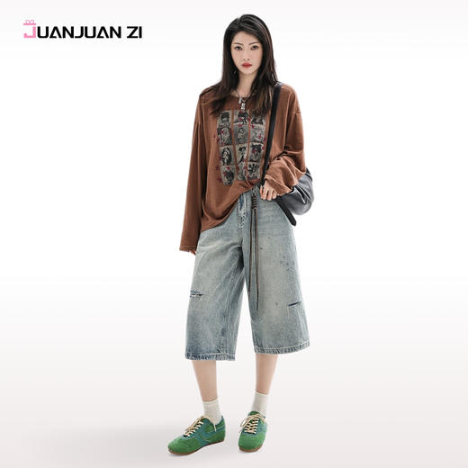 JUANJUANZI卷卷紫街头美式破洞牛仔七分裤女夏水洗做旧牛仔 显瘦显高 宽松风格修饰腿型 慵懒随性松弛 商品图3