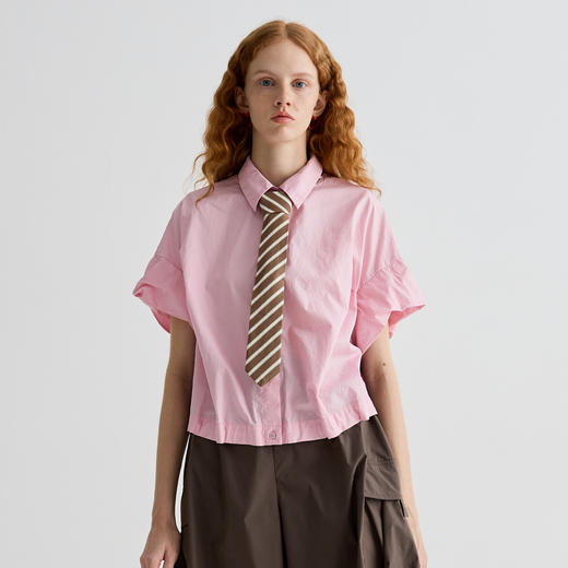 谜底衬衫短袖女2025夏季新品复古风通勤大廓形T型短衬衣252MC0595 商品图0