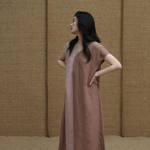 绽放旅行女装329朵/【甜茶系列】色织亚麻双色拼连肩短袖连衣裙子 商品图2