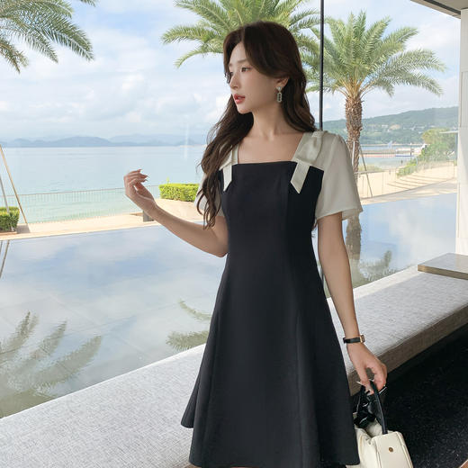 奢姿大码女装2025夏季方领气质拼接连衣裙胖妹妹蝴蝶结时尚裙子9952835079 商品图1