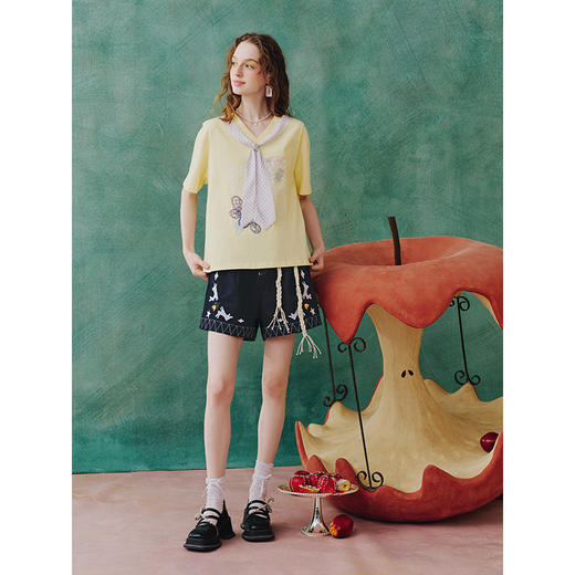 两三事守喵待兔2025夏季新款小清新印花贴布绣领带装饰短袖t恤女 商品图3