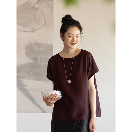 牧衣游原创 醇正薯莨红桑蚕丝套头衫轻薄圆领文艺复古上衣 泽芝 商品图1