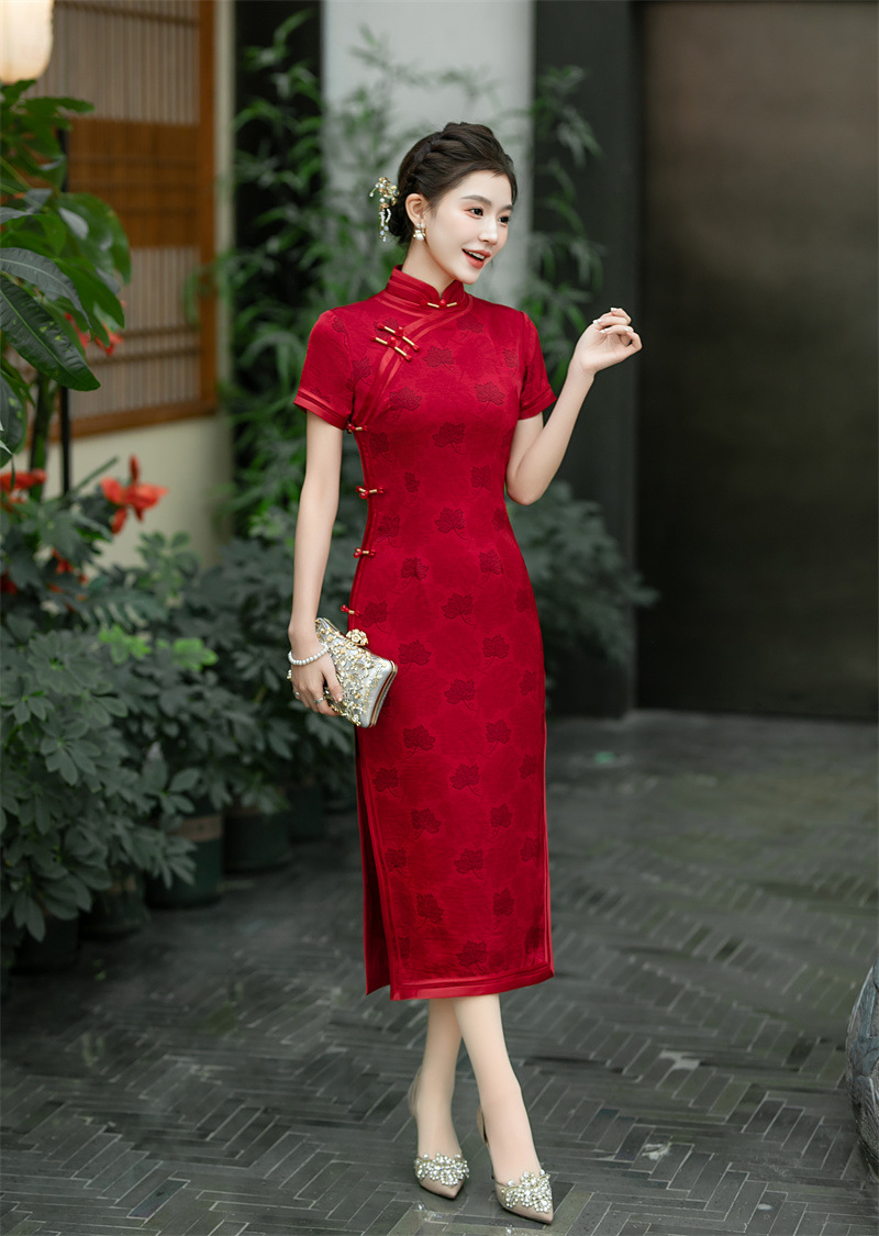 喜妈妈婚宴长款红色旗袍2025夏季新款复古国风宴会旗袍syk66794