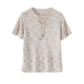 「K」洛诗琳45055设计感珠片纱上衣2025夏季新款棉麻抽绳T恤10360