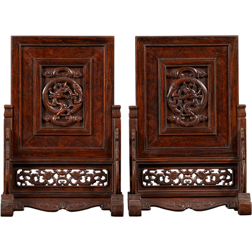 清	黄花梨镶瘿木雕龙纹插屏（一对） 商品图5