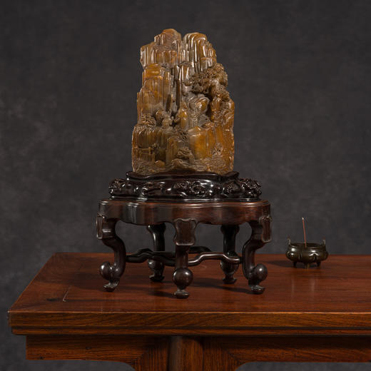 清	寿山石雕山水人物山子摆件（红木座） 商品图3