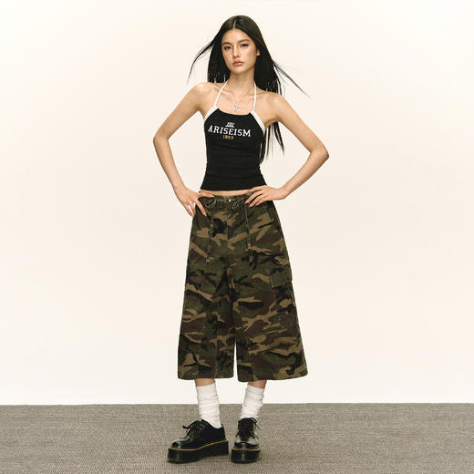 Ariseism 美式复古工装迷彩休闲阔腿七分裤女夏季新款宽松中裤子 商品图3