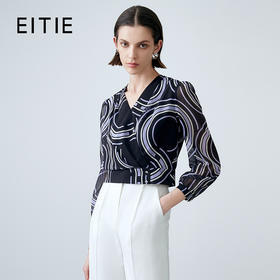 EITIE爱特爱夏季新款时尚V领气质收腰显瘦通勤印花长袖上衣7813510