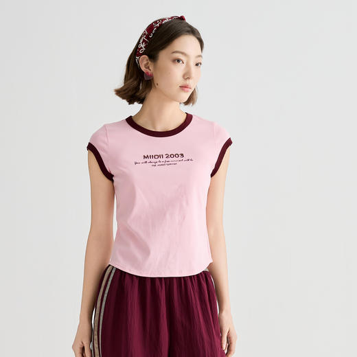 谜底T恤短袖女2025夏季新品休闲日常撞色紧身X型短上衣252MT0525 商品图0