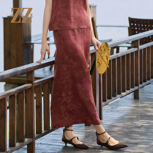 佐尔美夏季新款优雅新中式国风100%桑蚕丝半身莨绸长裙女M52QS47 商品图3