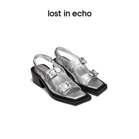 [捡漏价]lost in echo24年春夏新品设计师品牌方头线迹双扣带斜粗跟凉鞋