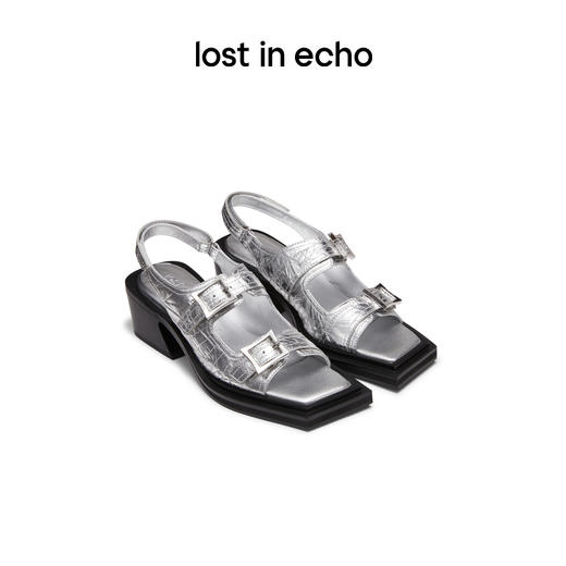 [捡漏价]lost in echo24年春夏新品设计师品牌方头线迹双扣带斜粗跟凉鞋 商品图0
