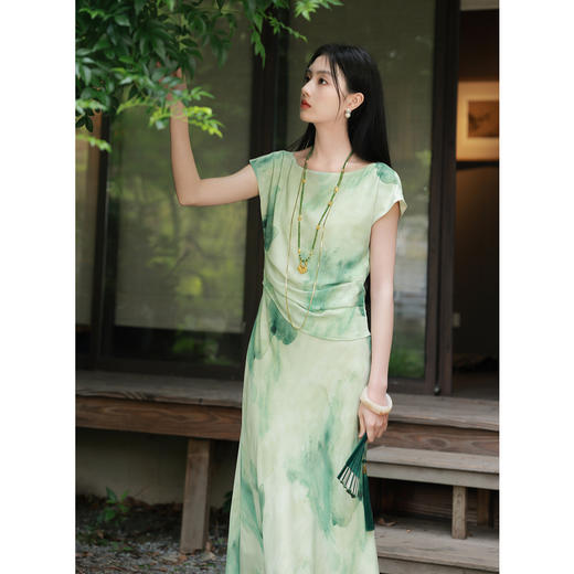 三彩【玉影浮翠】2025夏季新款新中式连衣裙假两件收腰A字裙长裙C 商品图2