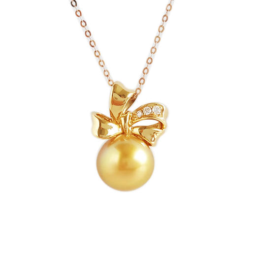 【天然正品】AU750黄金镶钻镶天然约11MM浓金色近无暇海水珍珠吊坠项链20.8*11.0*11.0MM（皆取最大值）女士现售价：3980！060525NJS31 商品图0