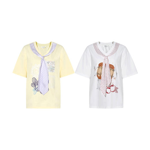 两三事守喵待兔2025夏季新款小清新印花贴布绣领带装饰短袖t恤女 商品图4