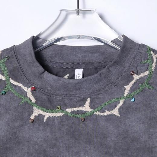 T3594夏季高级感新款男士街头嘻哈领口刺绣荆棘圆领短袖T恤百搭上衣 商品图2