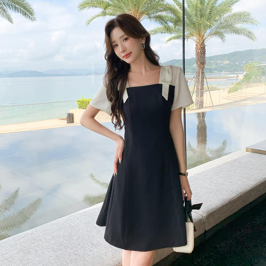 奢姿大码女装2025夏季方领气质拼接连衣裙胖妹妹蝴蝶结时尚裙子9952835079 商品图2