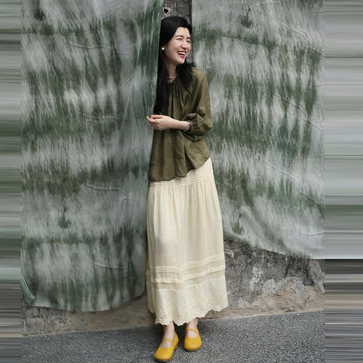 绽放旅行女装306朵/【甜茶系列·茉莉白茶】砂洗苎麻花边半身长裙 商品图1