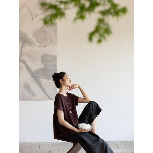 牧衣游原创 醇正薯莨红桑蚕丝套头衫轻薄圆领文艺复古上衣 泽芝 商品图2