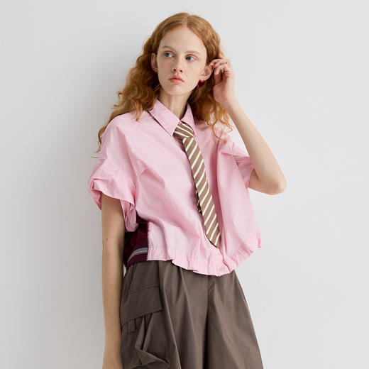 谜底衬衫短袖女2025夏季新品复古风通勤大廓形T型短衬衣252MC0595 商品图1