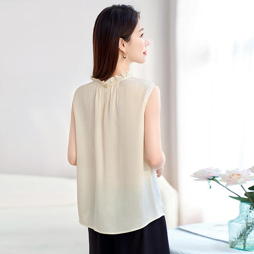 【真丝小衫】100%桑蚕丝打底衫，百搭泡泡皱木耳领无袖上衣SM-12599798 商品图3