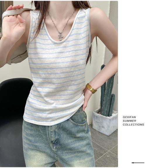 【YW】无忧购韩系简约百搭棉麻V领宽松条纹背心（49/2件）3500 商品图7