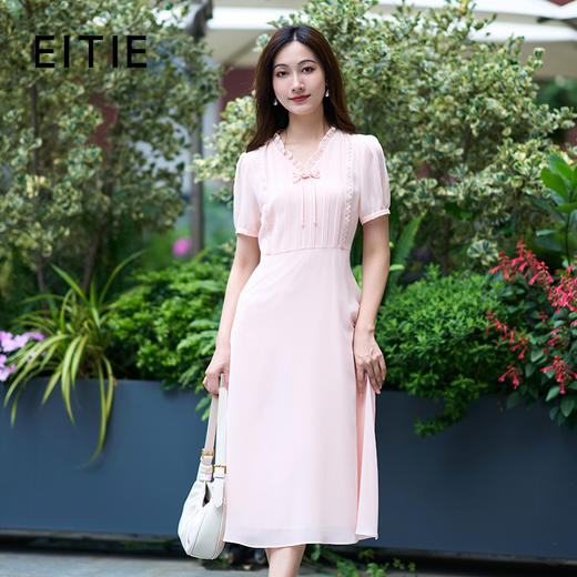 【精致木耳领法式a字连衣裙】EITIE爱特爱2025夏季新款气质薄纱裙B2507704 商品图0