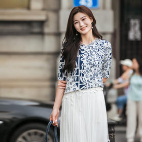 【林栖设计小店】【现货】桑蚕丝混纺毛织上衣蓝印花纹复古气质2025夏季新款上衣女1952527