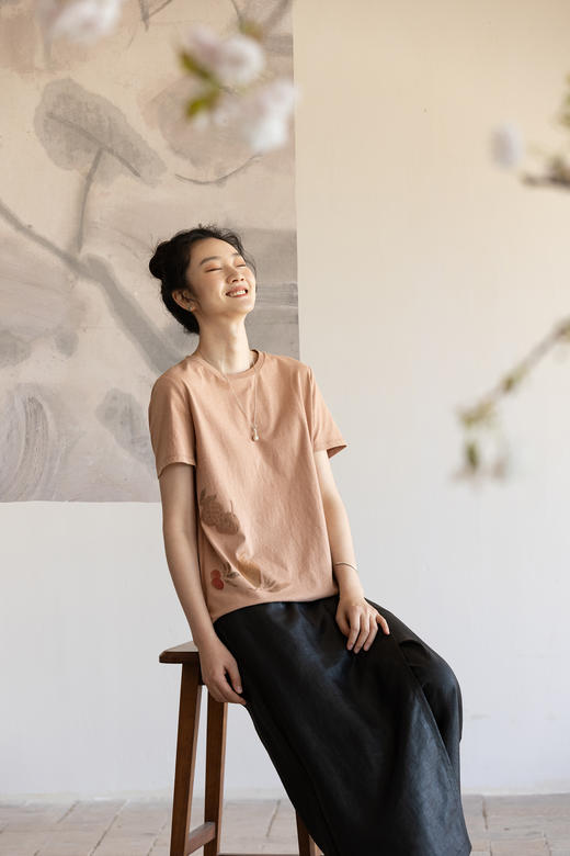 牧衣游原创 印花棉质T恤女夏轻薄舒适柔软质朴宽松百搭短袖 清饮 商品图5