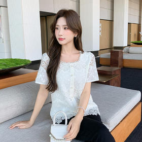 奢姿大码女装2025夏季减龄蕾丝镂空时尚衬衫胖妹妹绣花方领上衣9952293683