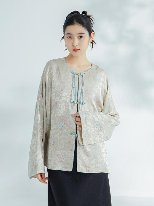 荷言GL 蝶谷池塘 仿罗人丝织金提花初秋对襟可两穿外套新中式 商品图0