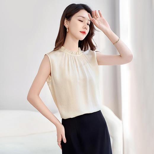 【真丝小衫】100%桑蚕丝打底衫，百搭泡泡皱木耳领无袖上衣SM-12599798 商品图2