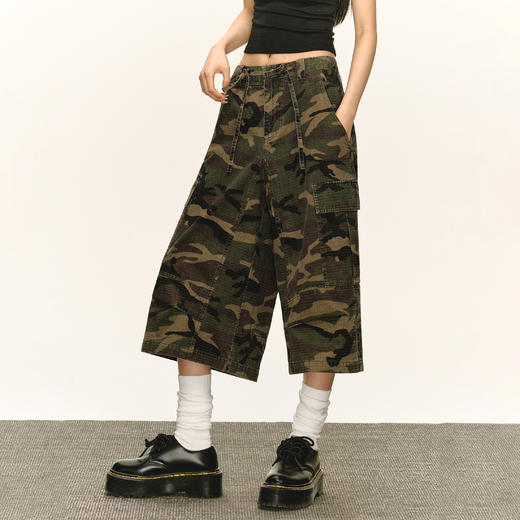 Ariseism 美式复古工装迷彩休闲阔腿七分裤女夏季新款宽松中裤子 商品图2