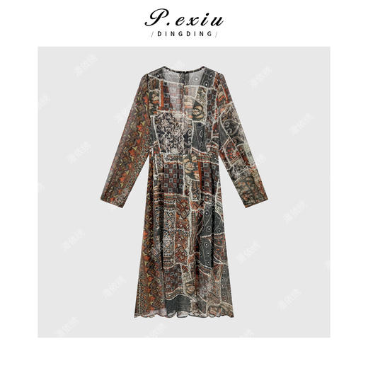 【绚烂夏花】度假风复古印花V领长袖连衣裙 W-62915 商品图2