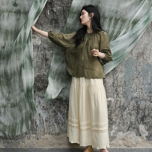 绽放旅行女装314朵/【甜茶系列·艾叶】砂洗苎麻茶染短开衫女衬衫限量 商品图2