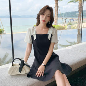 奢姿大码女装2025夏季方领气质拼接连衣裙胖妹妹蝴蝶结时尚裙子9952835079
