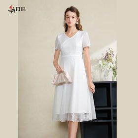 司歌蕾丝短袖v领收腰连衣裙A911215X