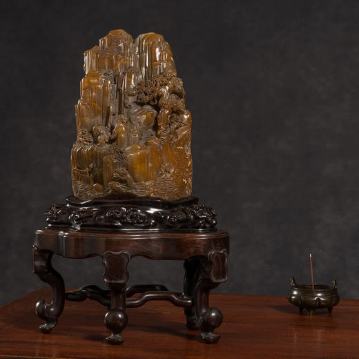 清	寿山石雕山水人物山子摆件（红木座） 商品图0