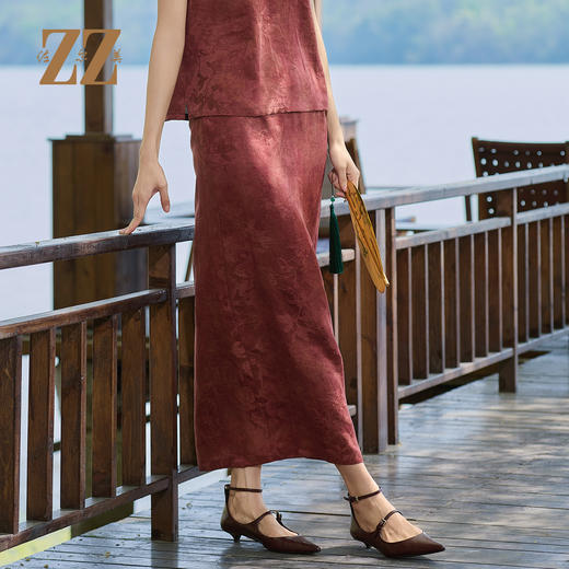 佐尔美夏季新款优雅新中式国风100%桑蚕丝半身莨绸长裙女M52QS47 商品图2