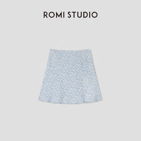 ROMI STUDIO“法式优雅”浅蓝碎花斜裁松紧腰A字半身短裙RWCRXY3698