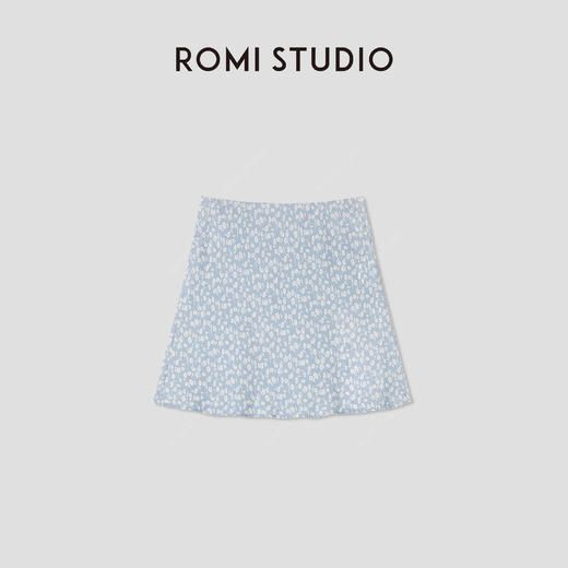 ROMI STUDIO“法式优雅”浅蓝碎花斜裁松紧腰A字半身短裙RWCRXY3698 商品图0