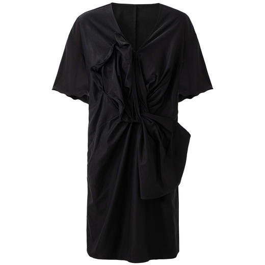 SELFWHO莱赛尔混纺黑色V领扭结捏花连衣裙女2025夏新款收腰A摆裙 商品图4