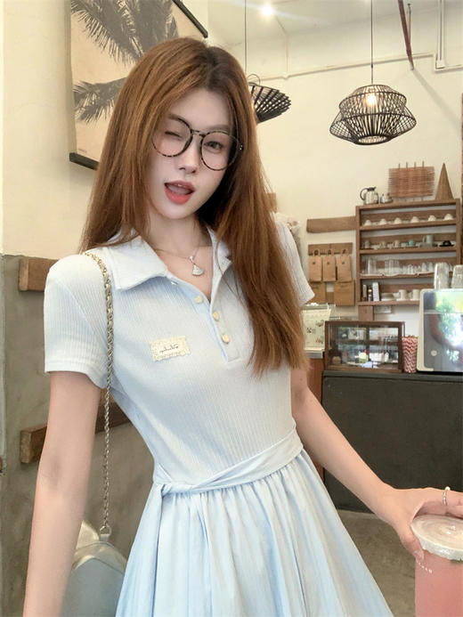 <曾小咸推荐>polo领短袖连衣裙女夏季巨好看显瘦a字收腰连身长裙子 商品图4