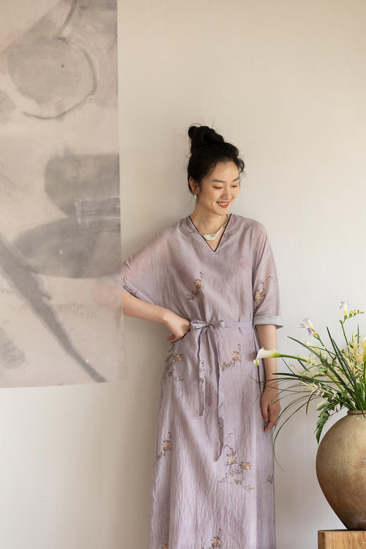 牧衣游原创 松骨牡丹印丝绵连衣裙夏轻薄宽松随性复古长裙 怀夕 商品图5
