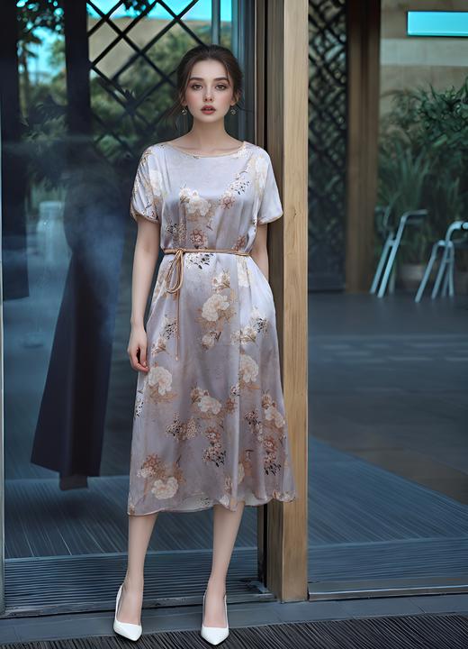 大圆领撞色连肩袖系带收腰连衣裙 商品图0