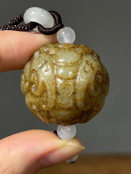 褐沁白玉雕瑞狮首大圆珠，顺丰包邮 商品图6