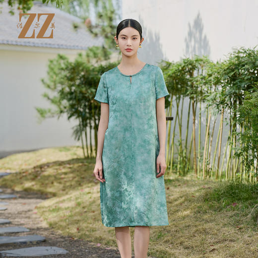 佐尔美优雅国风新中式100%桑蚕丝连衣裙女M52LS17 商品图0