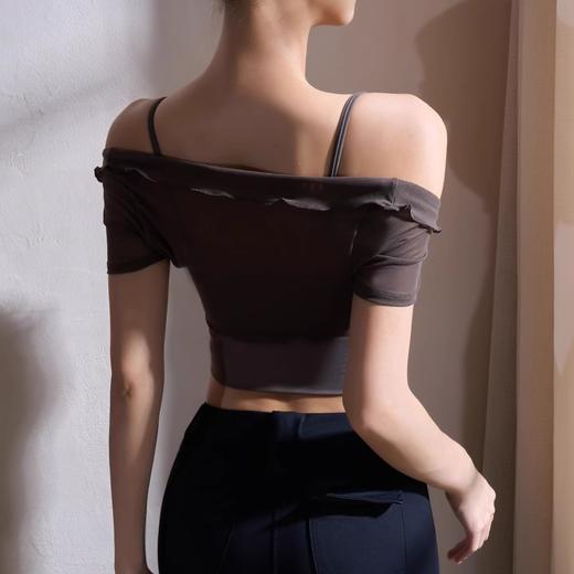 跃牌【禅语梵心】纯欲风花边网纱瑜伽服短袖带胸垫跑步运动文胸一体杯健身服DX5440 商品图1