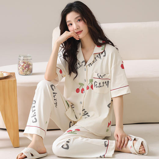 【裸感清凉，舒享夏夜~】睡衣女短袖长裤 甜美夏季套装 可外穿新款夏款 莫代尔家居服-QQ 商品图0